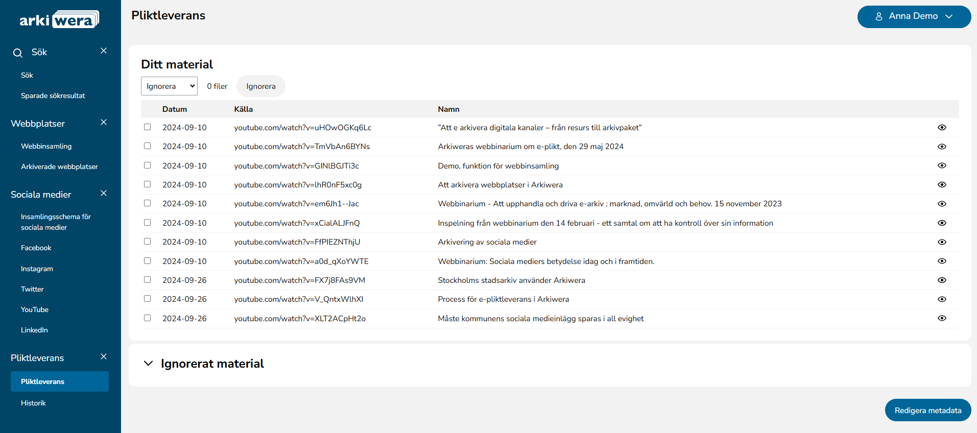 Skärmdump av gränssnitt, Arkiwera. Funktion: e-plikt